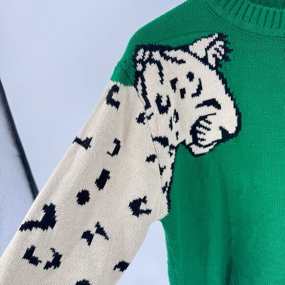 Leopard Sleeve Colorblock Knit Crewneck Sweater Green Cream Angashion Size L - Picture 5 of 8